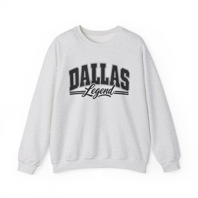 Sweatshirt with collegiate lettering reading DALLAS LEGEND, front view.