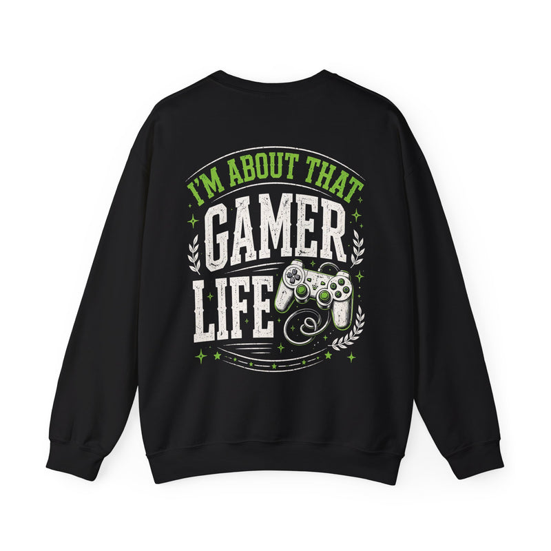 Black sweatshirt with white and green bubble lettering reading I'M ABOUT THAT GAMER LIFE, back view.