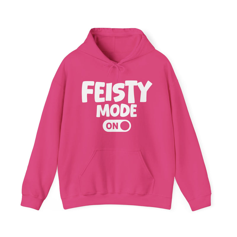 Black hoodie with white bubble lettering reading FEISTY MODE ON, alternate view.