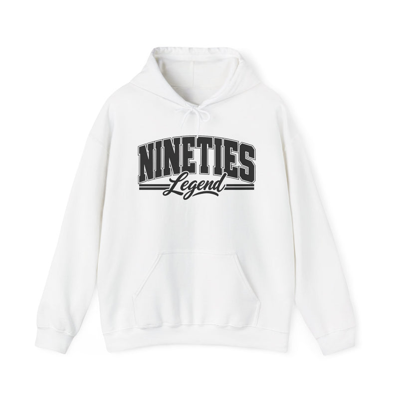 Hoodie with bold lettering reading NINETIES LEGEND, product view.