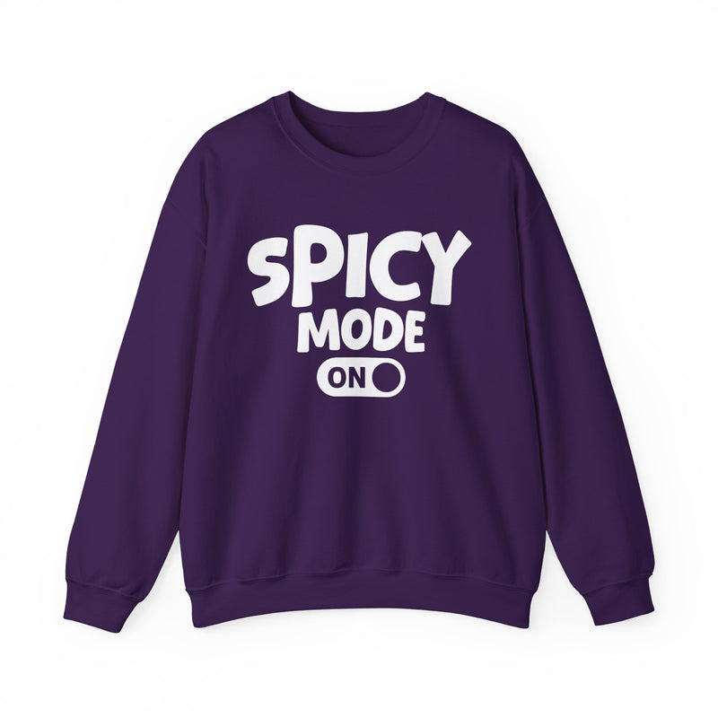 Charcoal sweatshirt with white bold distressed lettering reading SPICY MODE ON, flat-lay view.