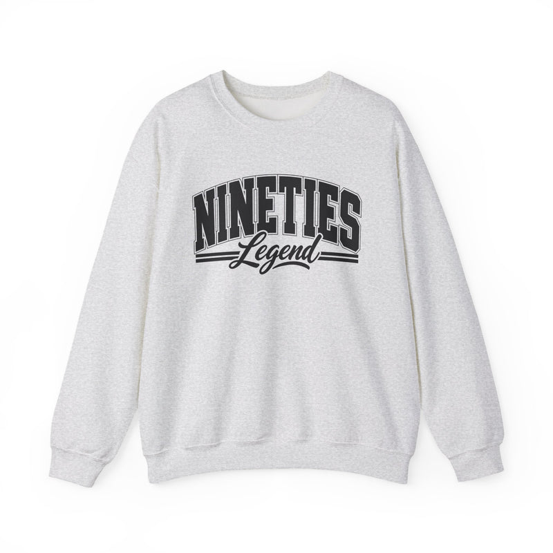 Sweatshirt with bold lettering reading NINETIES LEGEND, product view.