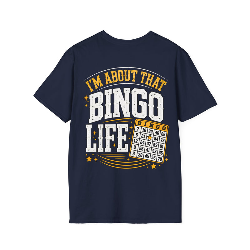 Navy t-shirt with white and gold bubble lettering reading I'M ABOUT THAT BINGO LIFE, back.
