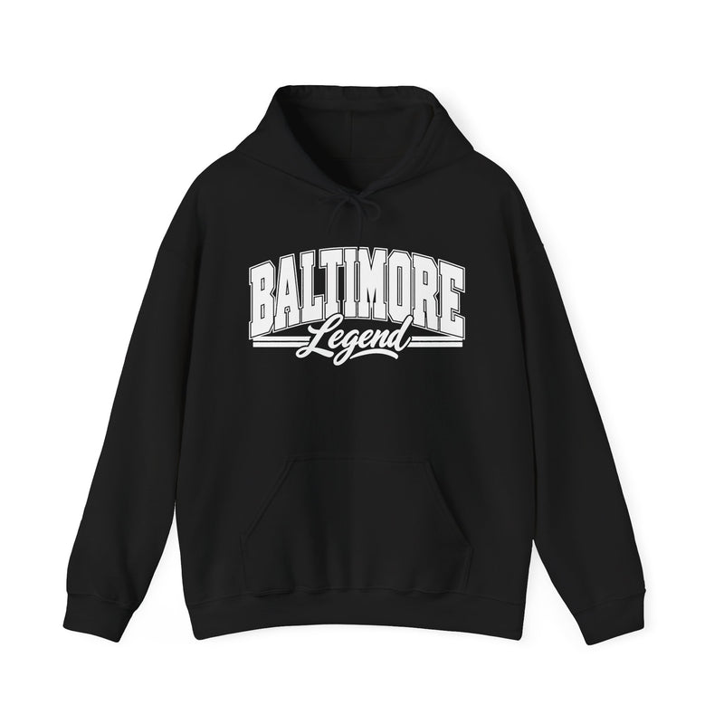 Hoodie product with collegiate lettering reading BALTIMORE LEGEND, on-model view.