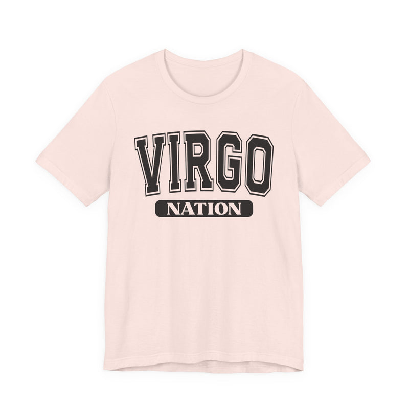 Soft Pink t-shirt with black arched collegiate VIRGO lettering over a NATION banner, front view.