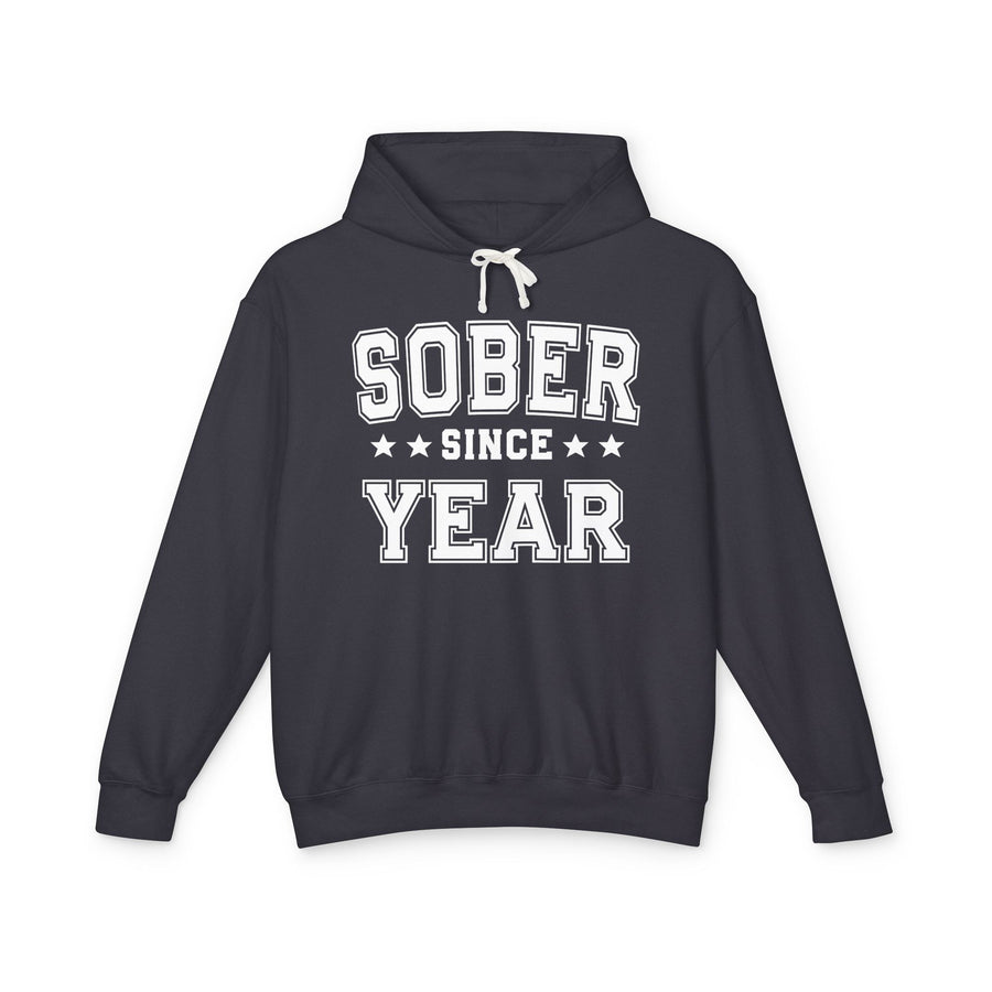 Pepper hoodie with grey bold block lettering reading SOBER SINCE (PERSONALIZED DATE), front flat-lay view.