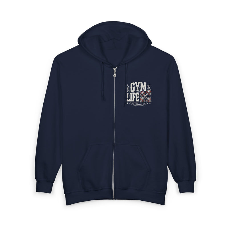 Navy zip hoodie with small white and red chest print reading "GYM LIFE", front flat-lay view.