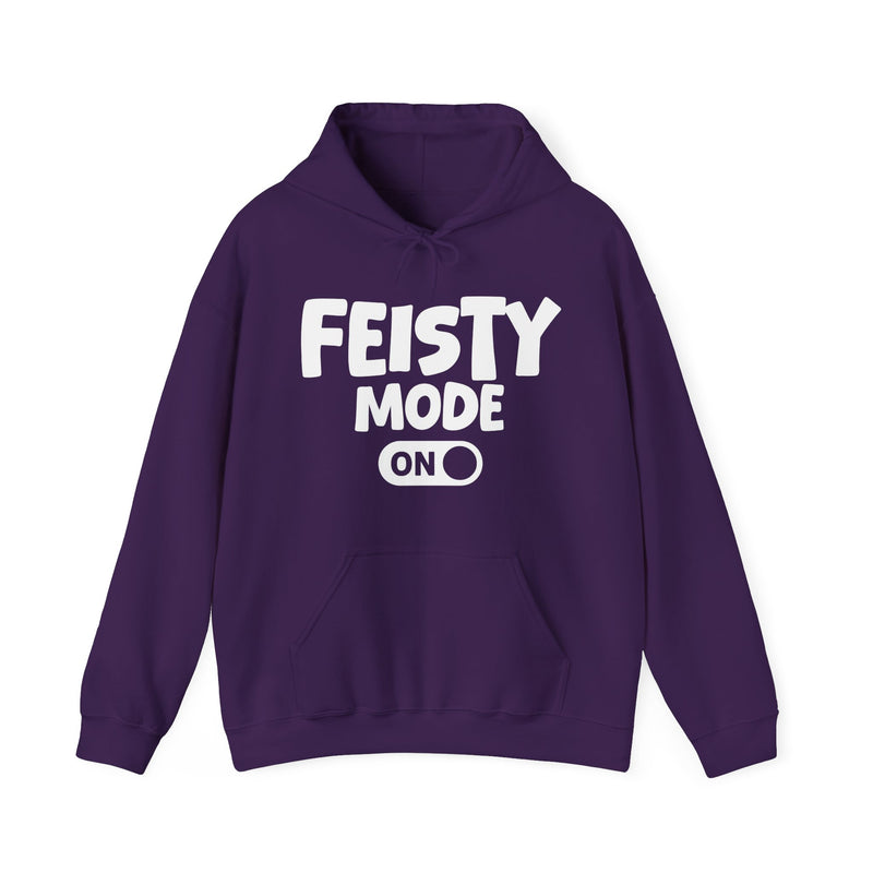 Black hoodie with white bubble lettering reading FEISTY MODE ON, alternate view.