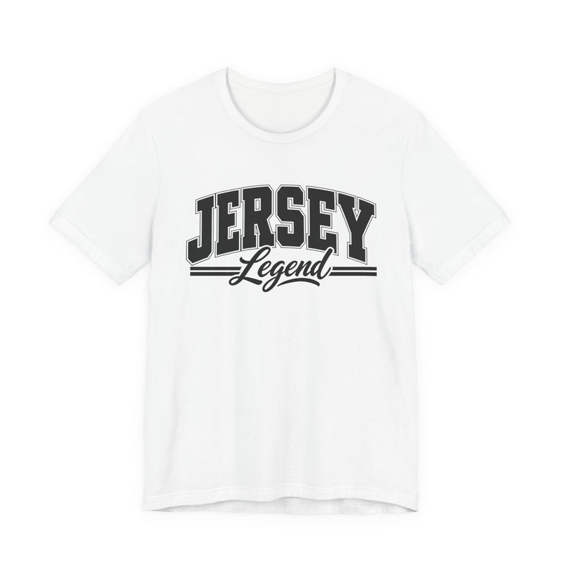T-Shirt product photo with arched collegiate block lettering reading "JERSEY" with the word "Legend" in script beneath, front view.