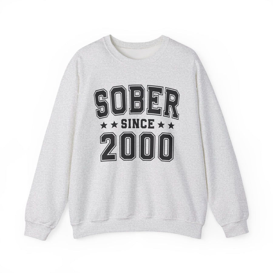 Natural sweatshirt with black statement lettering with personalized date reading SOBER SINCE, front flat-lay view.