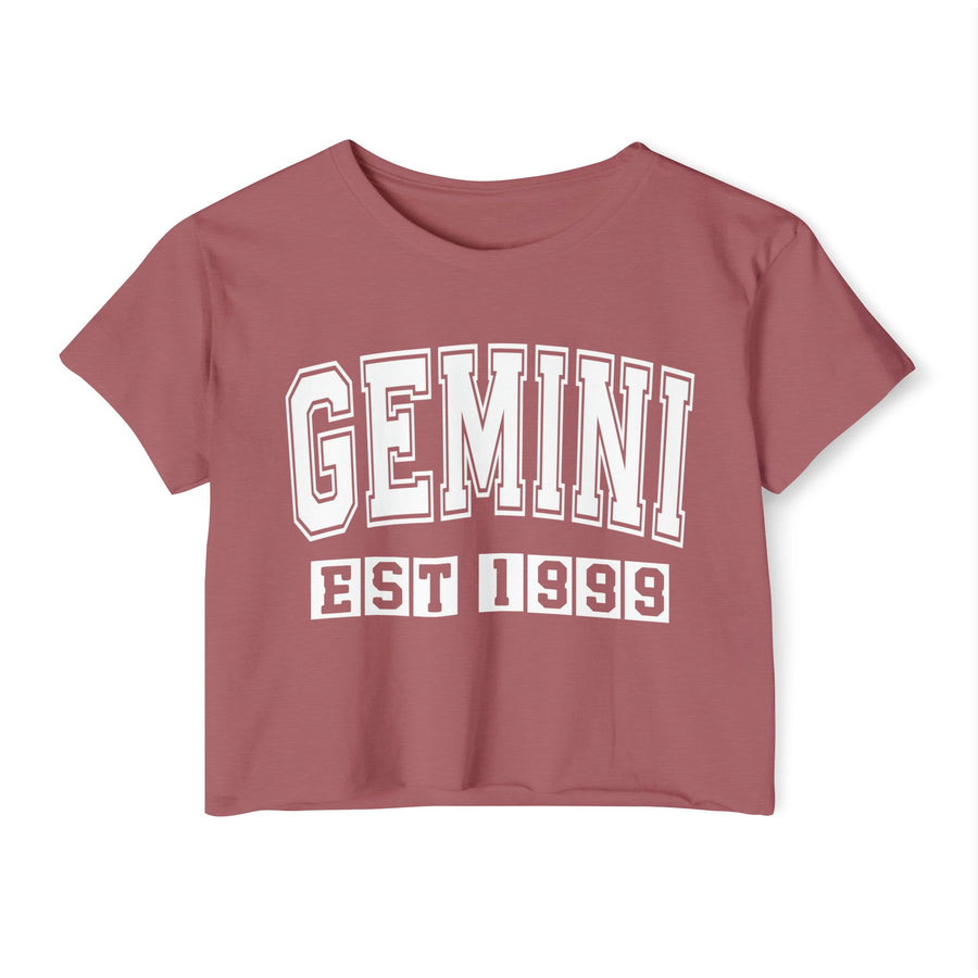 Smoked Paprika crop top with white arched GEMINI lettering and boxed EST 1999 print, front view.