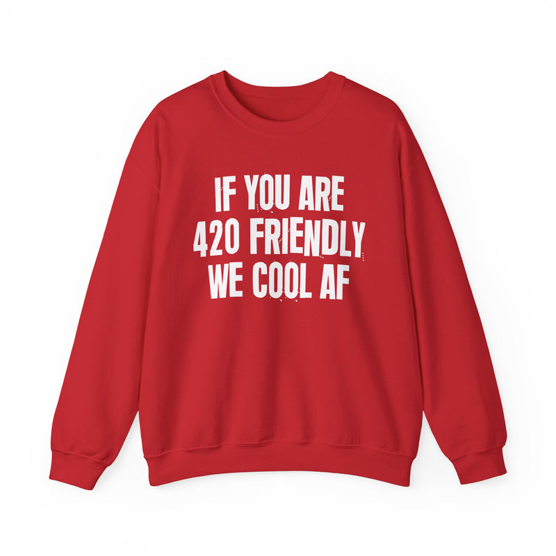 Sweatshirt with white block lettering reading IF YOU ARE 420 FRIENDLY WE COOL AF, alternate view 16. Street Talk Designs 420 friendly statement apparel.