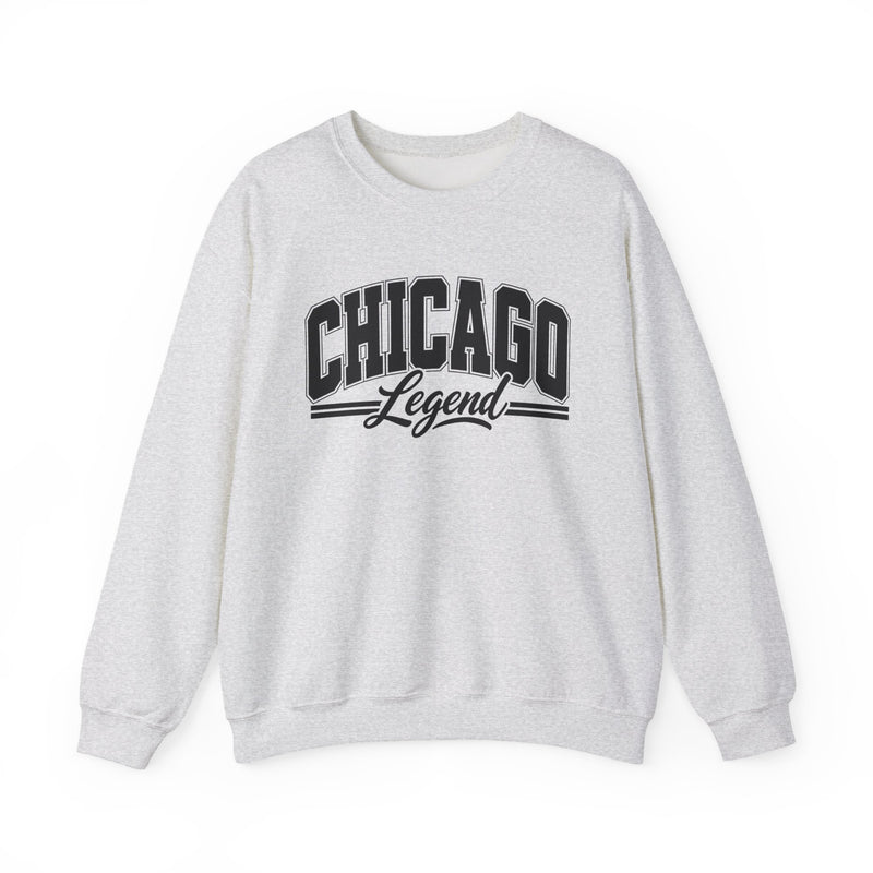 Sweatshirt product with collegiate lettering reading CHICAGO LEGEND, flat lay.