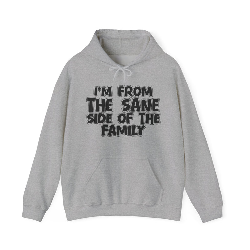 Sport Grey hoodie, printed with the "I'M FROM THE SANE SIDE OF THE FAMILY" statement in bold outlined bubble lettering, front flat-lay view.