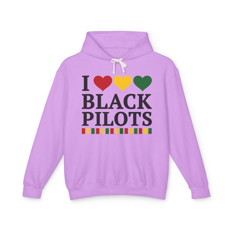 I Love Black Pilots — Hoodie alternate view 5: I LOVE BLACK PILOTS in bold statement lettering. Street Talk Designs culture statement apparel.