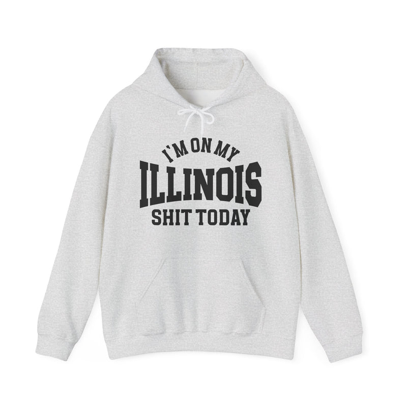 Hoodie product with collegiate lettering reading I'M ON MY ILLINOIS SHIT TODAY, flat lay.