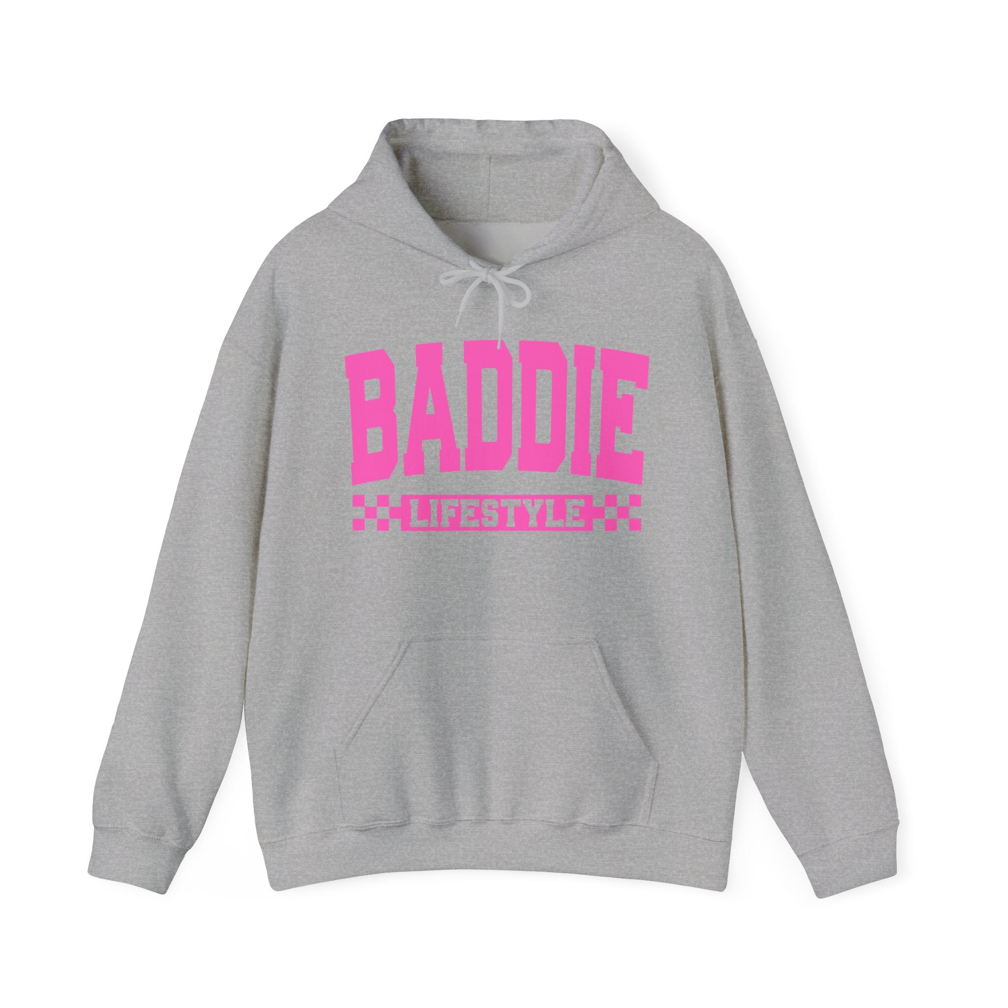 Baddie Lifestyle Hoodie — Bold Pink Varsity Lettering Hooded Sweatshirt