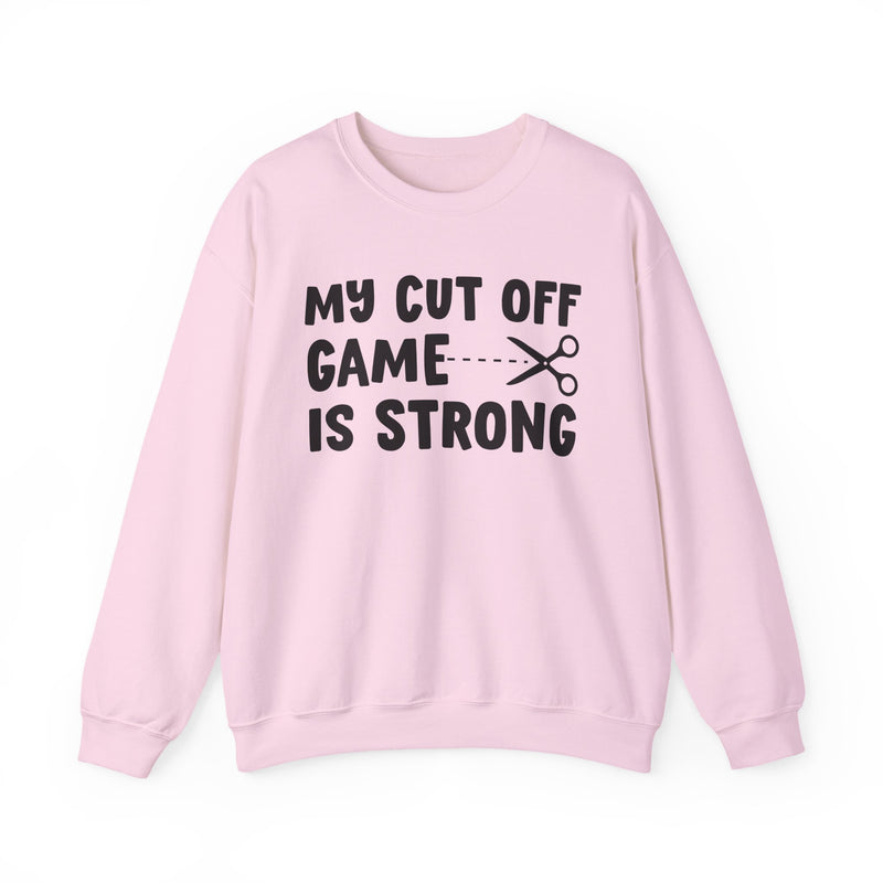 Front view of sand sweatshirt featuring the MY CUTOFF GAME IS STRONG statement graphic.
