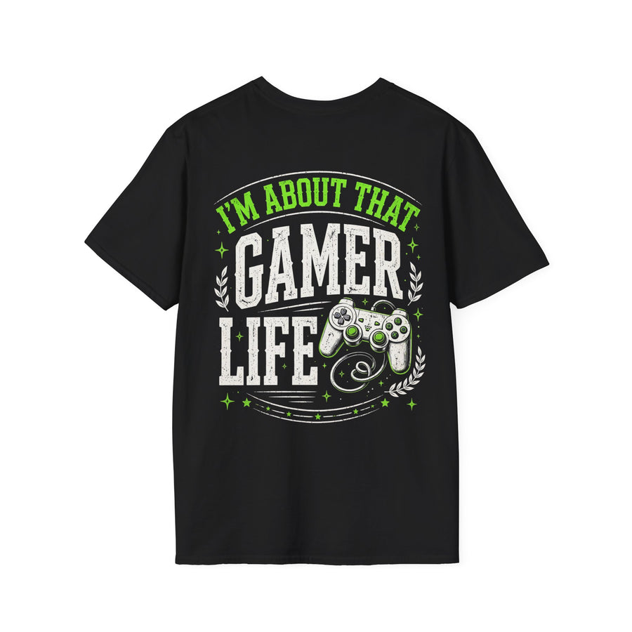 Black t-shirt with white and green bubble lettering reading I'M ABOUT THAT GAMER LIFE, back view.