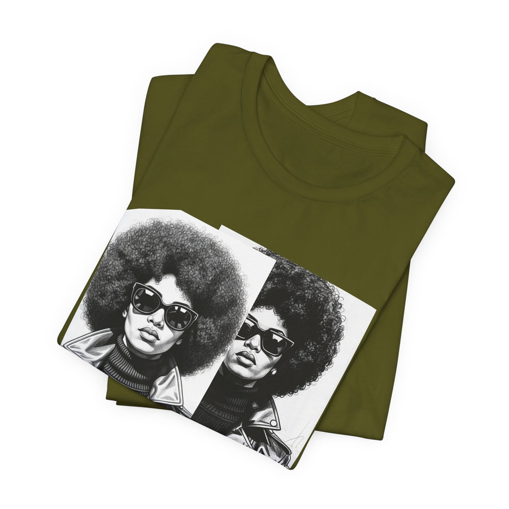 Powerful Black Woman Potrait - 70s with Retro Black Pride Tee Shirt