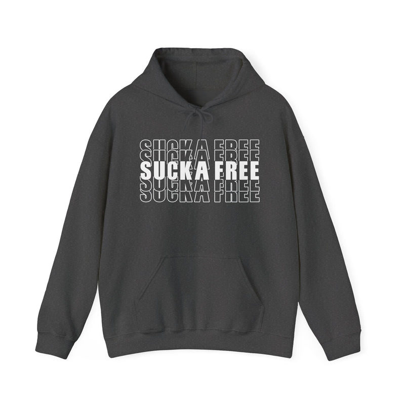Charcoal hoodie with white bubble lettering reading SUCKA FREE, front.