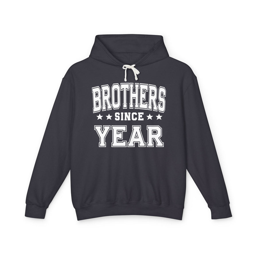 BROTHERS SINCE [year] collegiate text design — hoodie in charcoal, front view, product mockup on white background