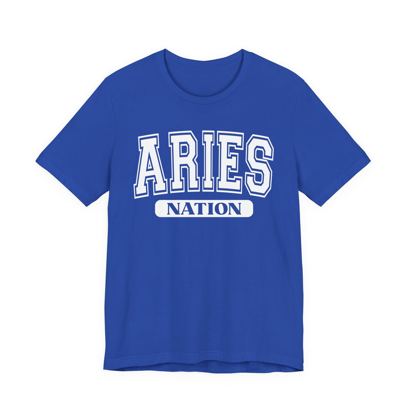 True Royal t-shirt with white arched collegiate ARIES lettering and boxed NATION banner, front view.