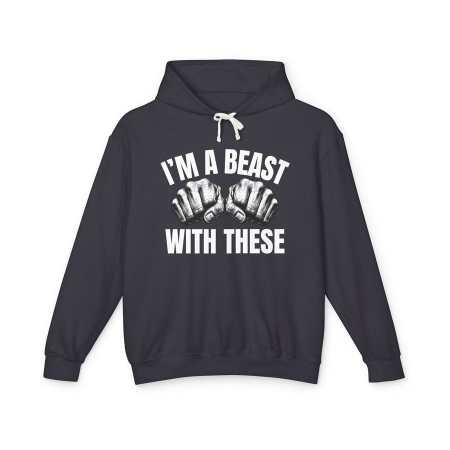 Hoodie with bubble lettering and pink boxing gloves graphic reading "I'M A BEAST WITH THESE", front view.