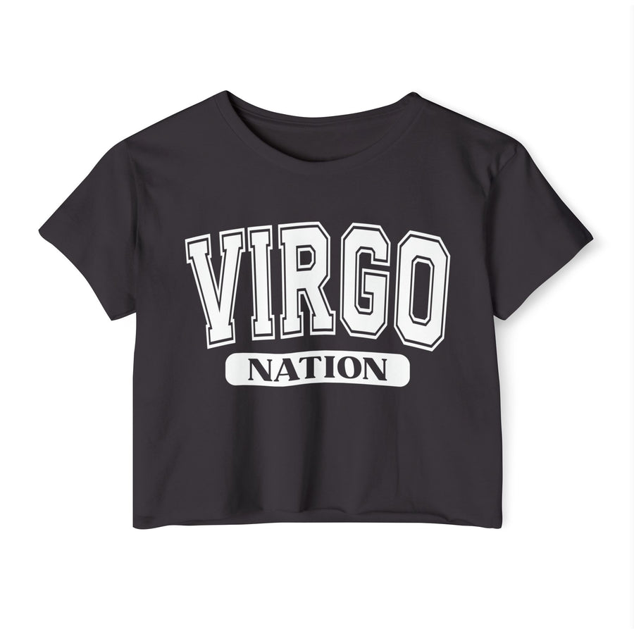 Charcoal crop top with white arched collegiate VIRGO lettering over a NATION banner, front view.