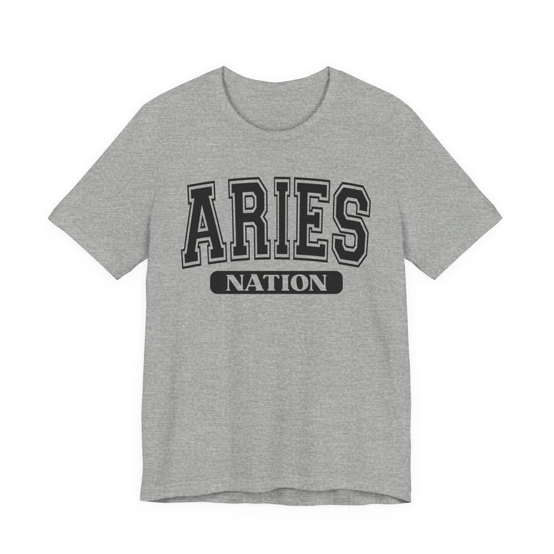 Athletic Heather t-shirt with black arched collegiate ARIES lettering and boxed NATION banner, front view.