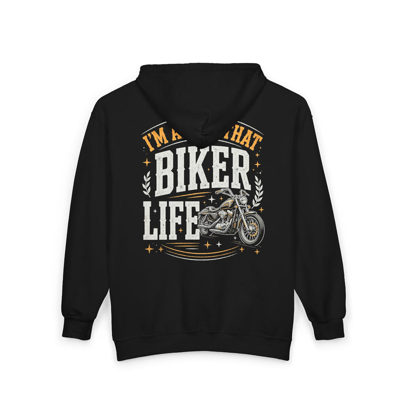 Black hoodie with white and gold bubble lettering reading I'M ABOUT THAT BIKER LIFE, alternate view.