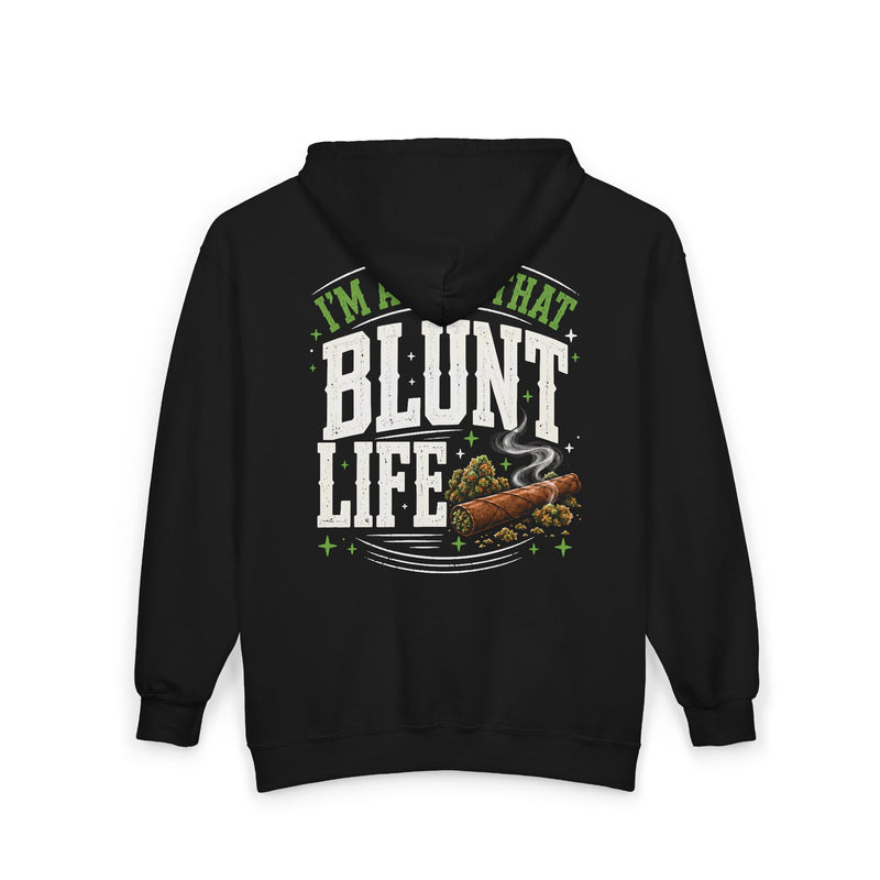 I'm About That Blunt Life — Zip Hoodie alternate view 4: I'M ABOUT THAT BLUNT LIFE in green arched lettering over distressed white letters with a smoking blunt and buds graphic — green arched lettering over distressed white letters with a smoking blunt and buds graphic on black. Street Talk Designs 420-friendly statement apparel.