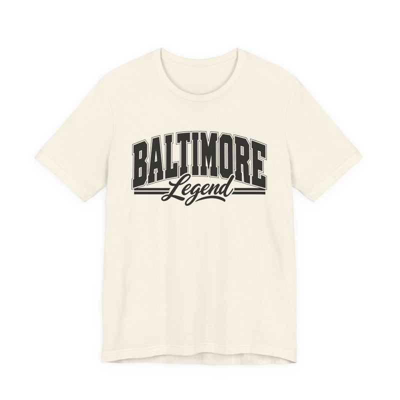 T-Shirt product with collegiate lettering reading BALTIMORE LEGEND, detail close-up.