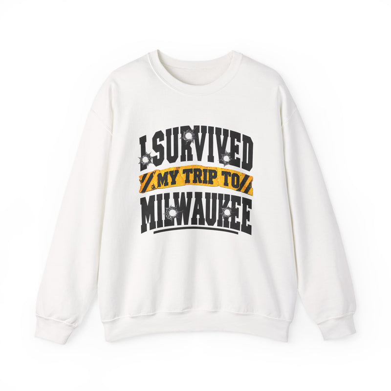 Sweatshirt product with collegiate lettering reading I SURVIVED MY TRIP TO PITTSBURGH, alternate view.