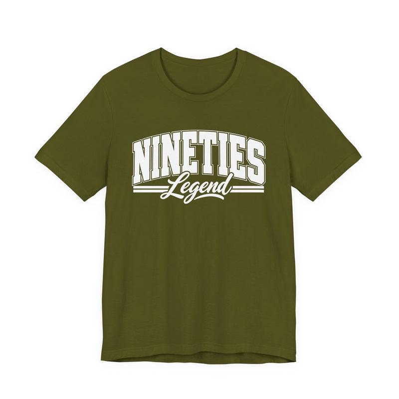 T-shirt with bold lettering reading NINETIES LEGEND, product view.