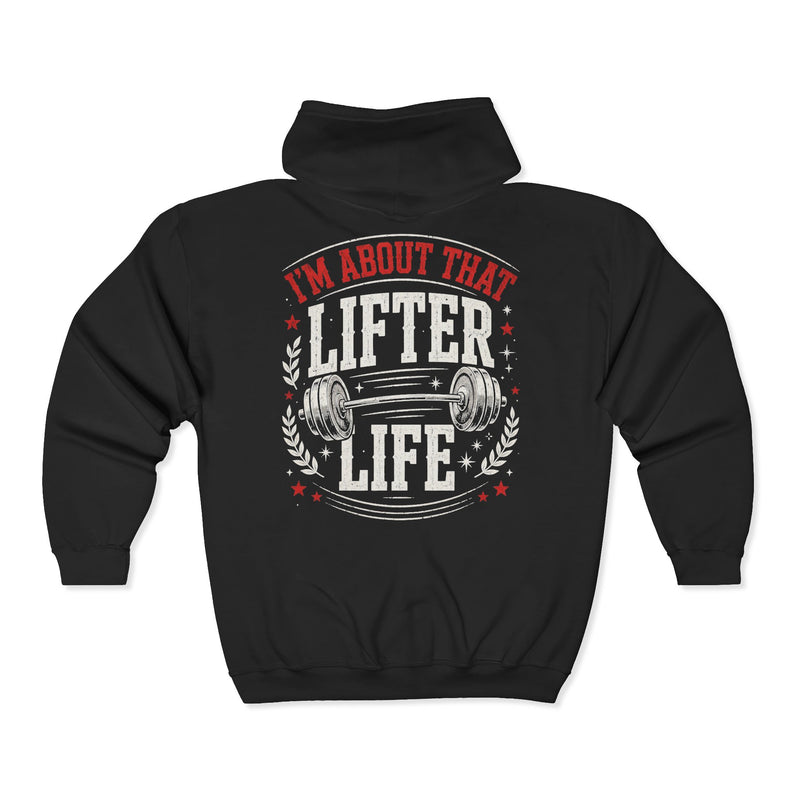 Black zip hoodie with red and white bubble lettering reading I'M ABOUT THAT LIFTER LIFE, back view.