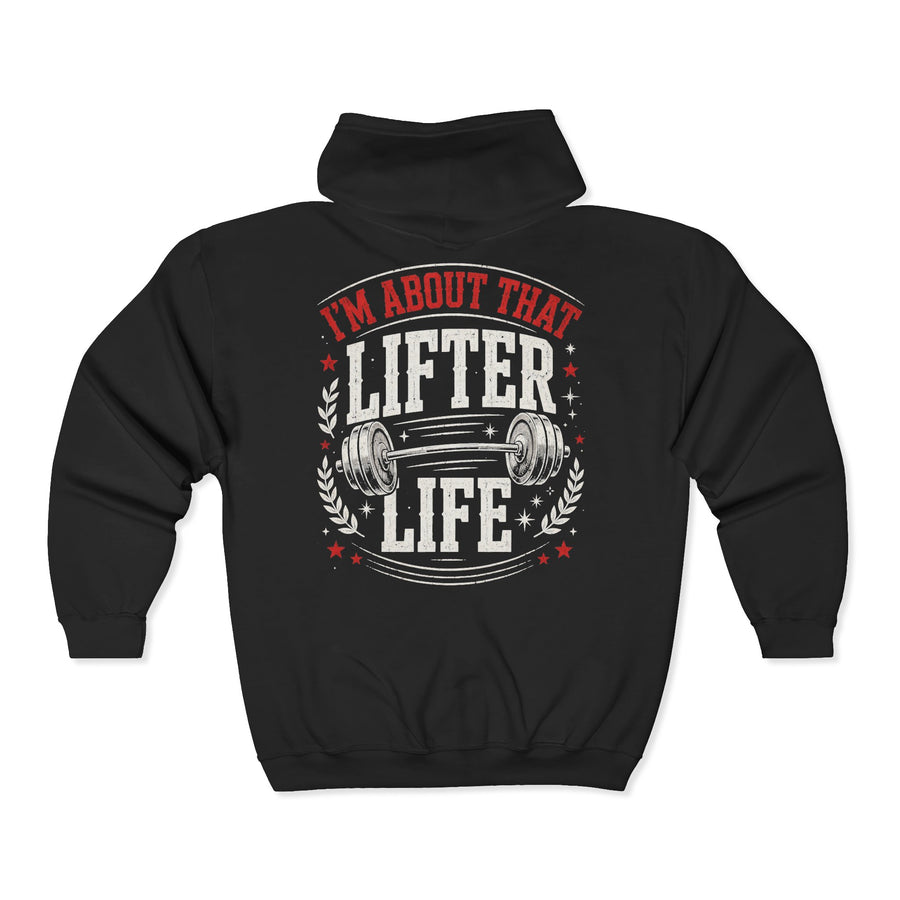 Black zip hoodie with red and white bubble lettering reading I'M ABOUT THAT LIFTER LIFE, back view.