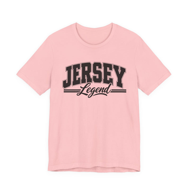 T-Shirt product photo with arched collegiate block lettering reading "JERSEY" with the word "Legend" in script beneath, front view.