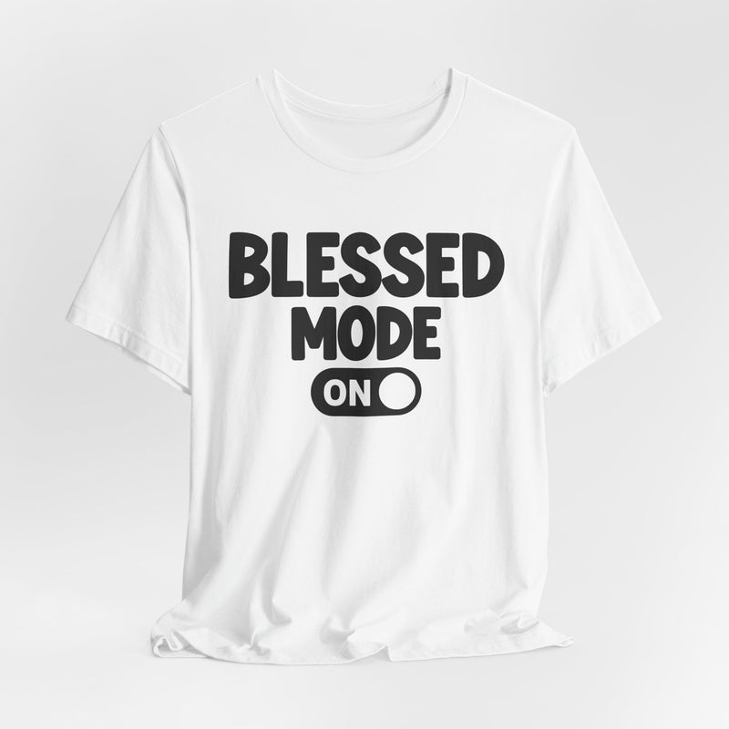 T-Shirt with text design reading “PRAISE MODE ON”, front view
