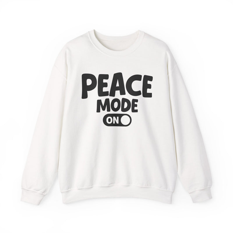 White-color sweatshirt with white bubble lettering reading PEACE MODE ON, front.