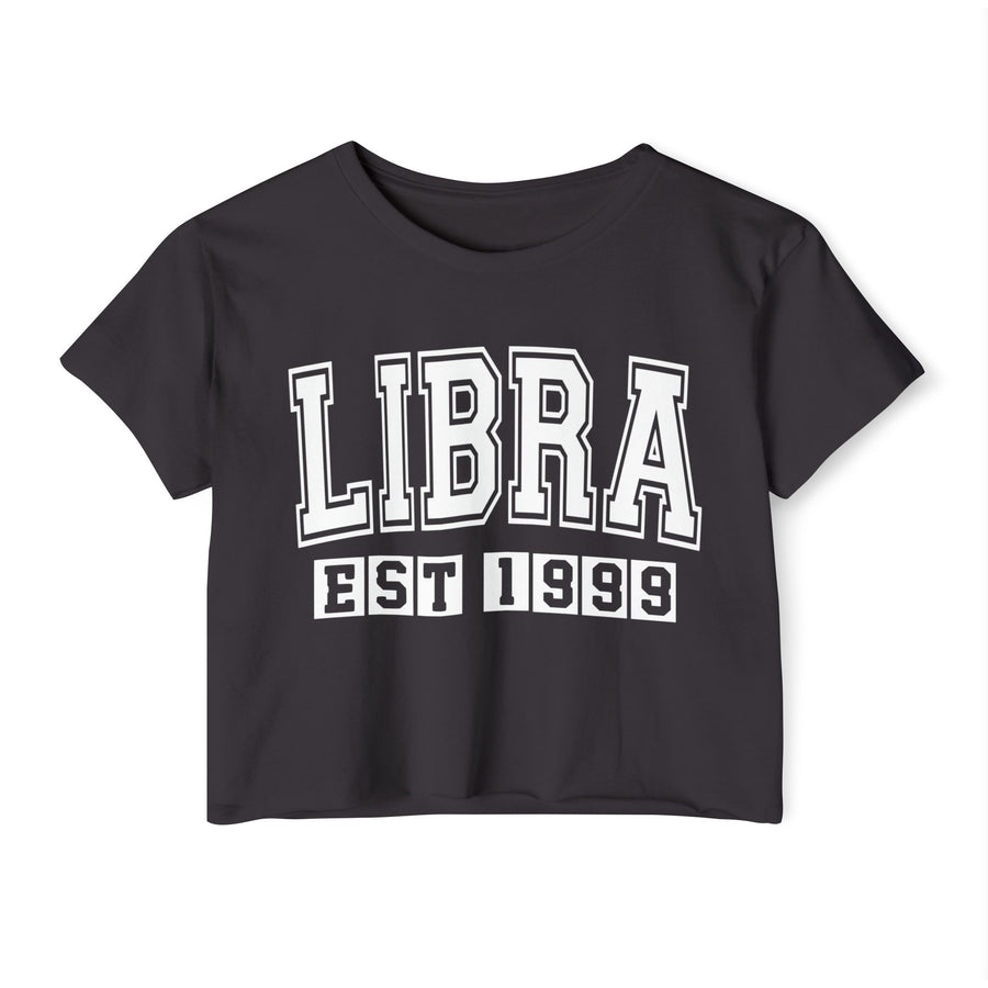 Charcoal crop top with white arched LIBRA lettering and boxed EST 1999 print, front view.