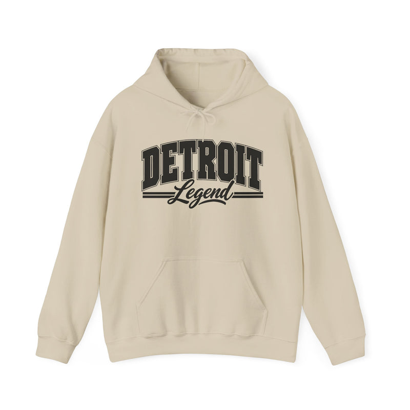 Hoodie product photo with arched collegiate block lettering reading "DETROIT" with the word "Legend" in script beneath, front view.