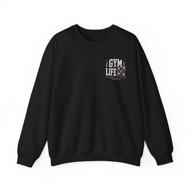 Black-color sweatshirt with distressed white lettering reading I'M ABOUT THAT GYM LIFE, flat product.