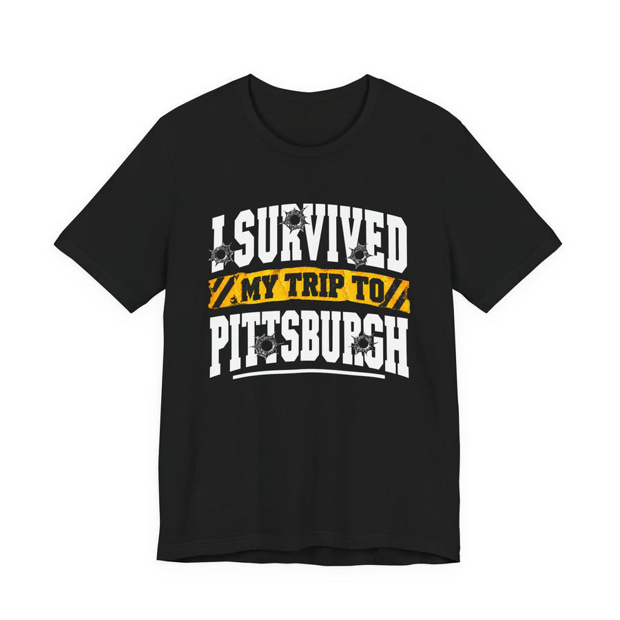 T-Shirt product with collegiate lettering reading I SURVIVED MY TRIP TO PITTSBURGH, front view.