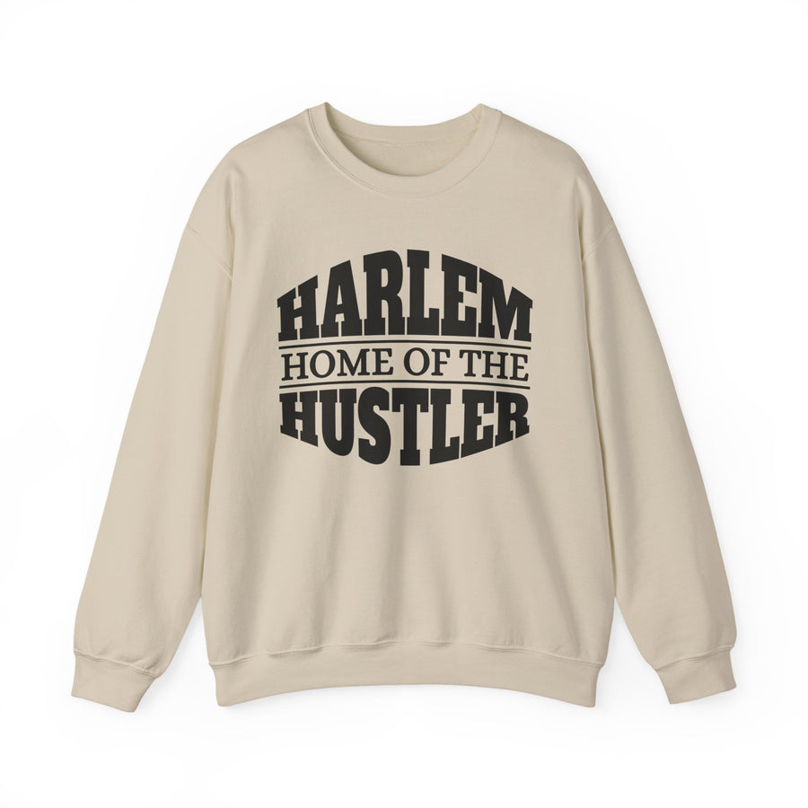 Sweatshirt with bold lettering reading HARLEM (HOME OF THE) HUSTLER, product view.