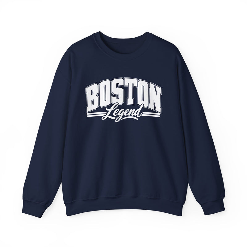Sweatshirt with collegiate lettering reading BOSTON LEGEND, front view.
