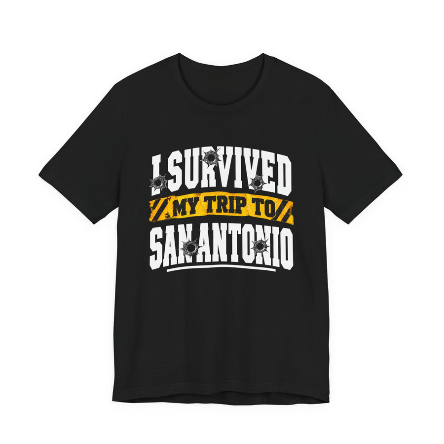 T-Shirt with lettering reading I Survived My Trip To San Antonio, gallery image 1.