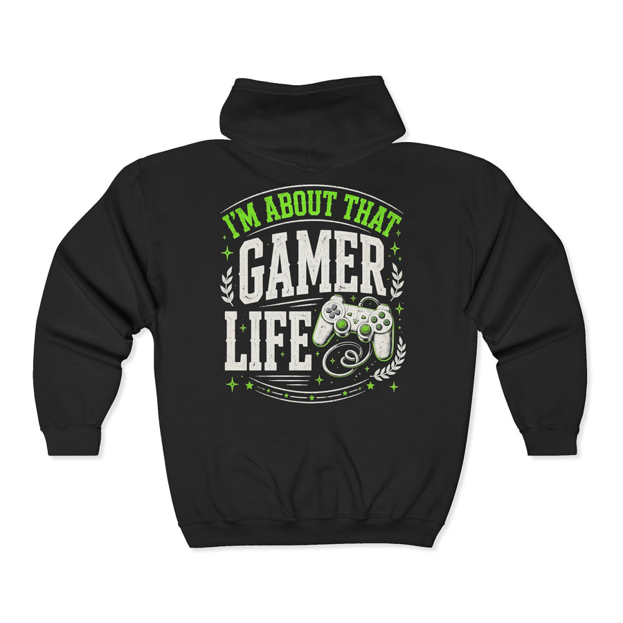 Charcoal zip hoodie with white and green bubble lettering reading I'M ABOUT THAT GAMER LIFE, back.
