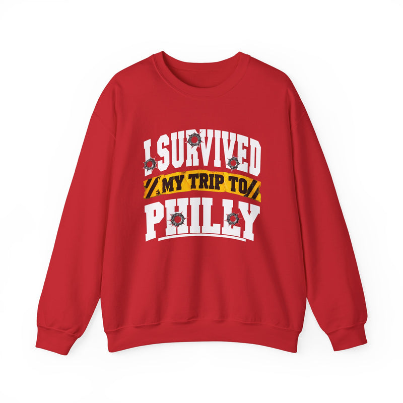 Sweatshirt with bold lettering reading I SURVIVED MY TRIP TO PHILLY, product view.