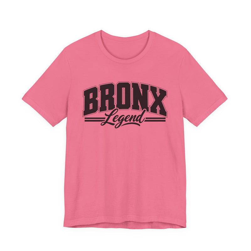 T-Shirt product photo with arched collegiate block lettering reading "BRONX" with the word "Legend" in script beneath, front view.